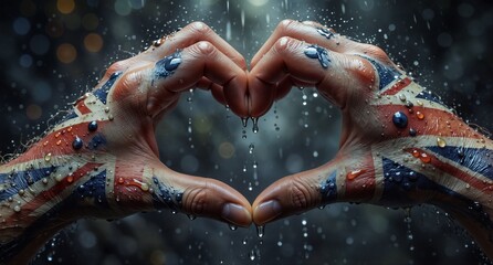 united kingdom patriotism concept with hands forming a heart shape covered in wet union jack flag paint.