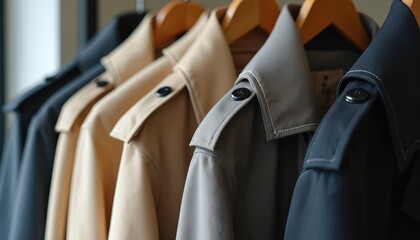 Row of neutral colored trench coats hanging on wooden hangers. Close up shows smooth fabric details like collars and buttons. A fashion selection for sale.