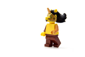 Naklejka premium Editorial illustrative image of lego minifigure of unicorn isolated on white. 