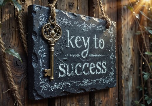 vintage ?�?key to success?�� sign hanging on rustic wooden door with blurred greenery background.