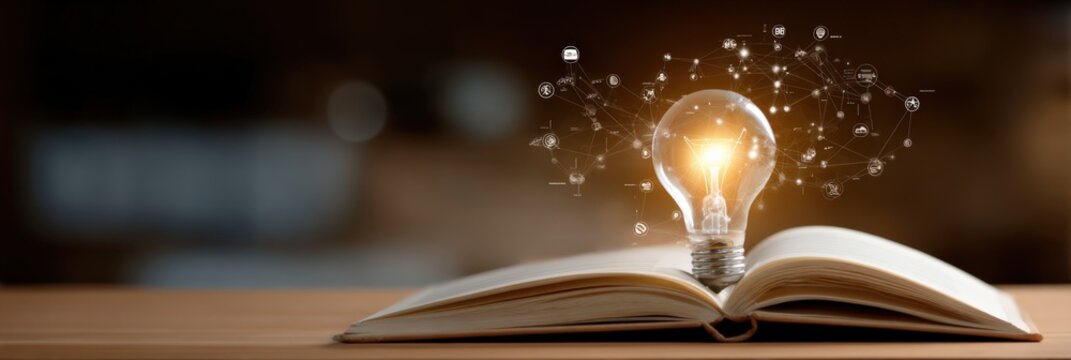 Innovative concept: open book with glowing lightbulb and digital network connections