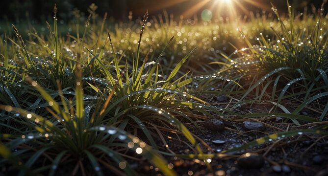 morning dew on blades of grass illuminated by golden sunlight in a natural forest setting.
