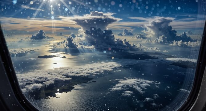 aerial view from airplane window of tropical islands and dramatic cloudscape with sun rays.