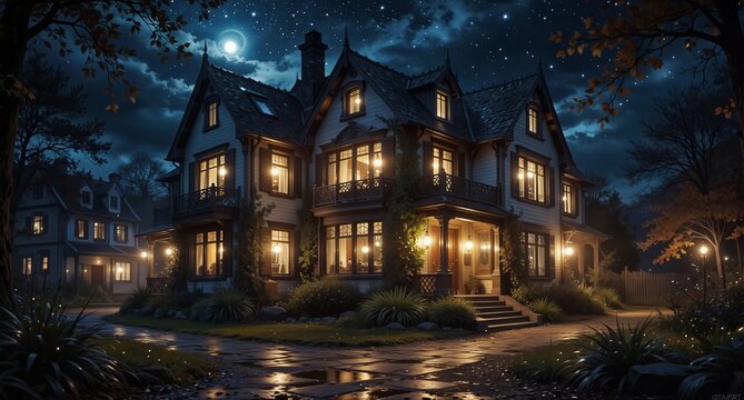 grand victorian home illuminated at night under a full moon with glowing windows and lush landscaping.
