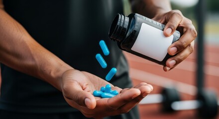 Athlete pouring blue supplements into hand during workout session  