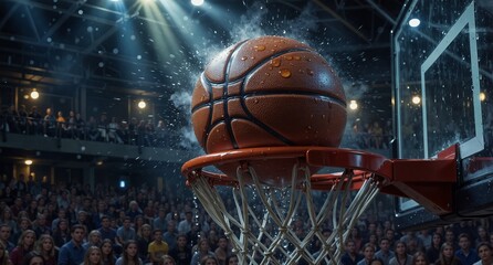 basketball going through net with water splashes in crowded arena during game.