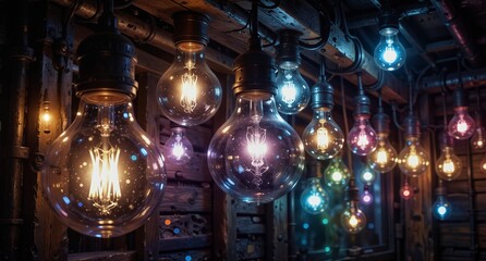 Obraz premium vintage edison bulb installation with colorful glowing lights on rustic wood ceiling.