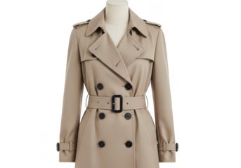 Classic beige doublebreasted trench coat with belt detail displayed on a mannequin isolated on transparent background