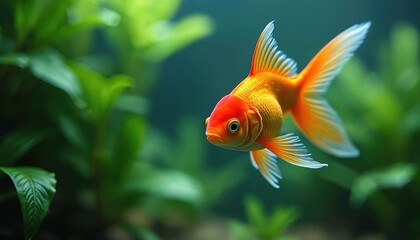Orange oranda goldfish swims in clear aquarium water amongst green aquatic plants. Beautiful fish flowing fins, vibrant scales. Explores peaceful underwater home, full of life, color. Perfect shot