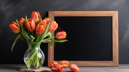 A vase of orange tulips sits on a wooden table next to a black framed chalkboard