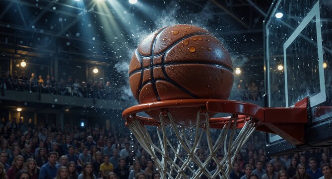basketball going through net with water splashes in crowded arena during game.