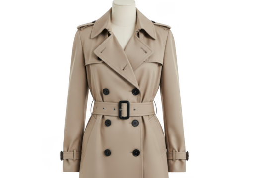 Classic beige doublebreasted trench coat with belt detail displayed on a mannequin isolated on transparent background