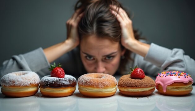 Woman stressed over donuts, holding head. Needs comfort food but feels overwhelmed by unhealthy options. Struggles with binge eating and food choices.