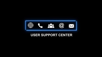 User Support Center Contact Icons with Glowing Blue Border and Text on Black Background communication - Powered by Adobe