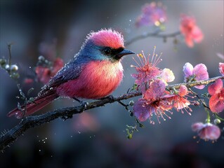A small bird with striking pink and blue plumage sits on a dark, thorny branch adorned with delicate pink and purple flowers, glistening with water droplets.