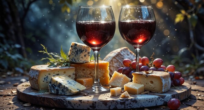 red wine and artisanal cheese pairing with grapes on a rustic wooden board, perfect for autumn evenings.