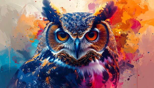 Colorful owl portrait with vibrant abstract paint splashes.