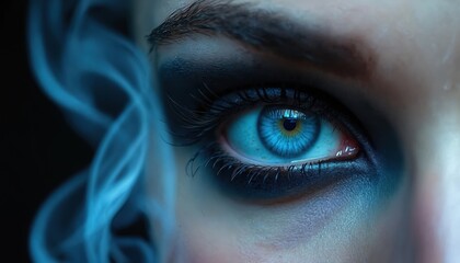 Closeup shot presents blue eye with dark makeup. Smoke adds mystery. Image evokes feelings of drama, intensity, beauty. Ideal for fashion, cosmetic, avant-garde projects. Piercing gaze with eyeliner,