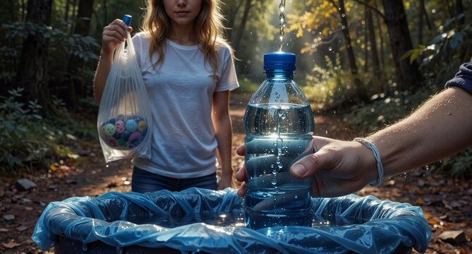volunteers collecting water samples and plastic waste in a forest, environmental conservation concept.