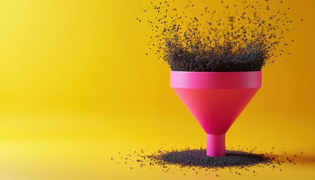 Pink funnel processes dark particles on yellow background. Abstract concept of data sorting, lead generation, digital transformation, sales funnel, and analytics.