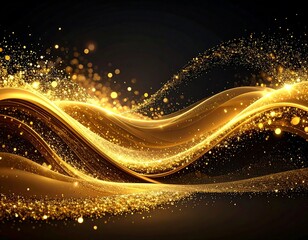 Flowing, golden waves cascade across a dark background, interspersed with sparkling particles, creating a sense of luxury and elegance