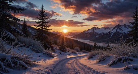 winter mountain road leading to snow covered peaks at vibrant sunset with sunburst and frosted trees