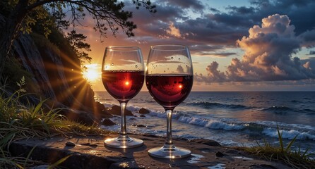 romantic beach sunset with red wine in glasses, idyllic coastal getaway concept