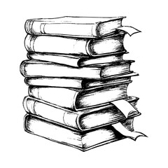 Fototapeta premium Stack of hand-drawn books with pages and bookmarks visible