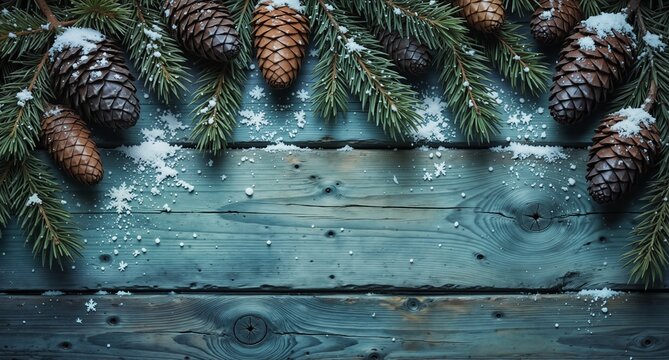 festive winter background with pine cones and snow on rustic blue wood plank surface - Powered by Adobe