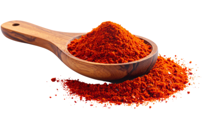 a wooden spoon full of red chilli powder isolated on transparent background
