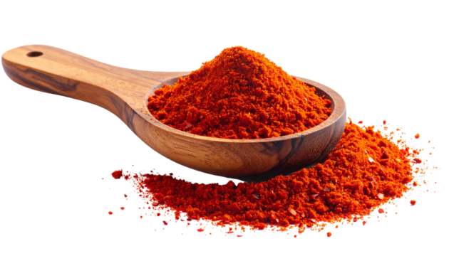 a wooden spoon full of red chilli powder isolated on transparent background