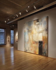 Bright modern gallery loft with concrete ceiling, large abstract painting, steel-frame windows and polished wood floor