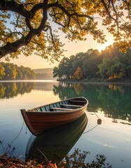 Fototapeta premium Tranquil boat rests on calm water beneath autumn tree branches.