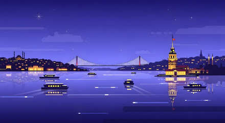 Night view of Bosphorus with illuminated boats and buildings  