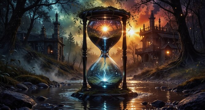 magical hourglass with forest and castle reflections in a misty stream, fantasy art.