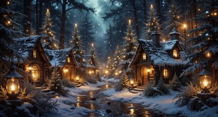 magical winter cottages illuminated by warm light in a snowy forest landscape.