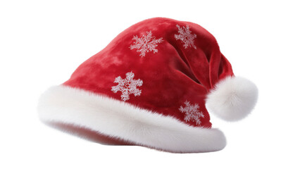 Red Santa hat with snowflakes and fur trim, created AI, PNG