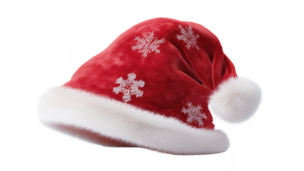 Red Santa hat with snowflakes and fur trim, created AI, PNG