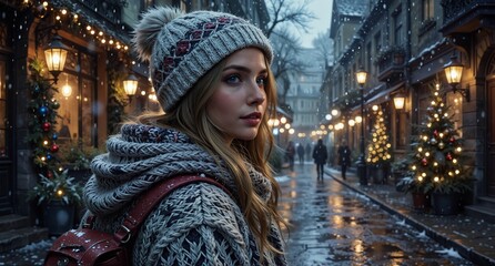 beautiful woman with winter hat and scarf walking down a festive, snow-covered european street.