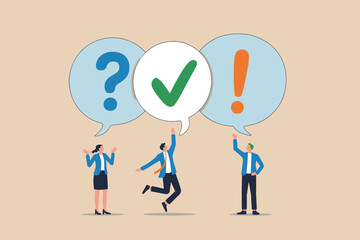 Business team communicating ideas and solutions, checkmark in bubble