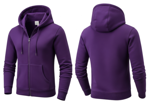Front and back view of a plain purple zipup hoodie sweatshirt for men or women, isolated on transparent background