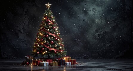 festive decorated christmas tree with gifts on a dark concrete background, illuminated with warm lights and falling snow.
