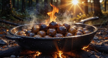autumn chestnuts roasting in a vintage pan over an open fire in a forest setting.