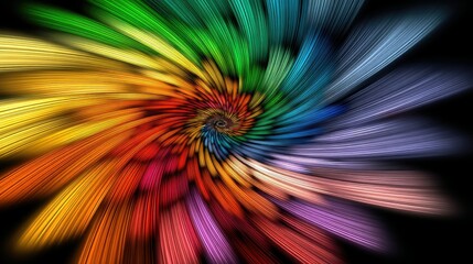 A colorful spiral pattern with radiating lines in a rainbow spectrum against a dark background.