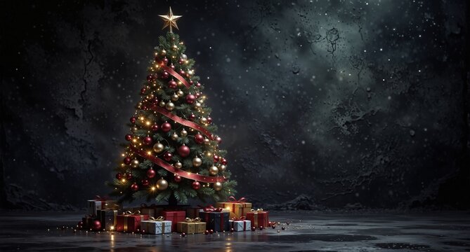 festive decorated christmas tree with gifts on a dark concrete background, illuminated with warm lights and falling snow.