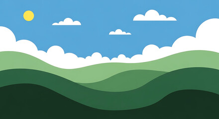 Fototapeta premium Harmonious landscape vector art showcasing gentle green slopes under a peaceful blue sky with white clouds and a sunny glow