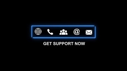 Get Support Now Icons Globe Phone People Email Envelope with Neon Blue Border help assistance