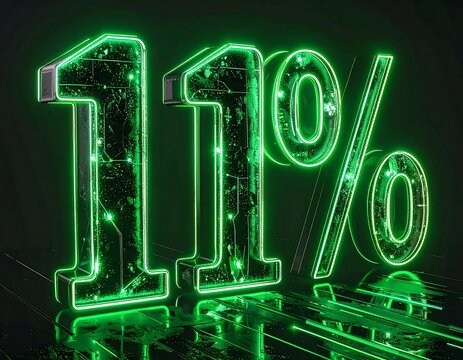 Digitally rendered 3D numeric symbol of '11%' glows emerald green. The circuit-like design is showcased with reflective surface