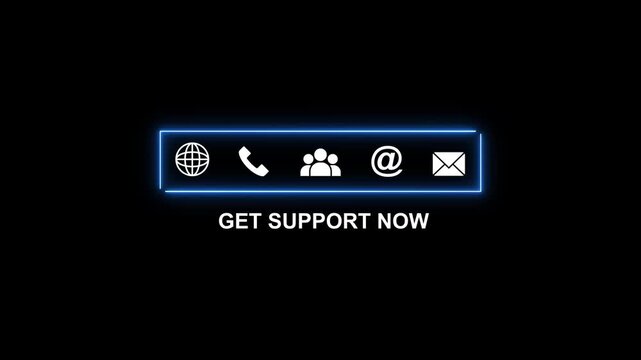 Get Support Now Icons Globe Phone People Email Envelope with Neon Blue Border help assistance