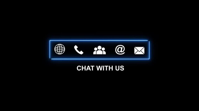 Contact Us Icons Globe Phone People Email Envelope with Neon Blue Border and Chat With Us Text communication